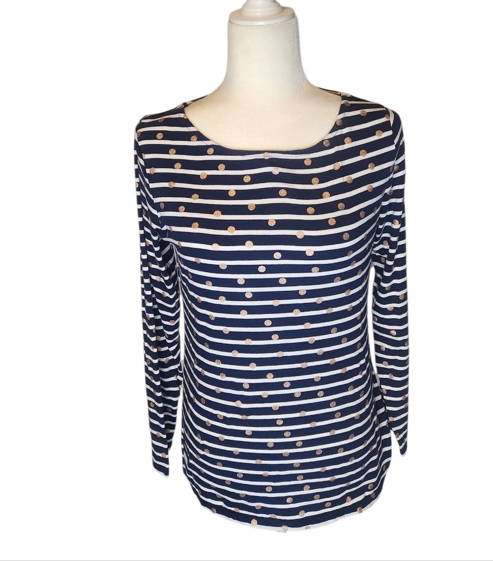 Boden Navy & White Striped Long-Sleeve Top with Gold Dots